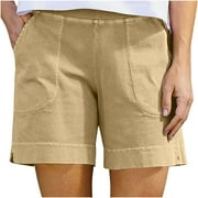 Women's Cotton Shorts Summer Casual Loose Fit Bermuda Shorts Pull On Mid Waist Solid Short Pants with Pockets